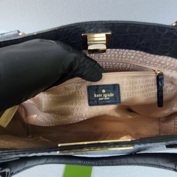 Kate Spade New York Orchard Valley Croc Kelsey Black Leather Tote Bag With Gold - Picture 13 of 16